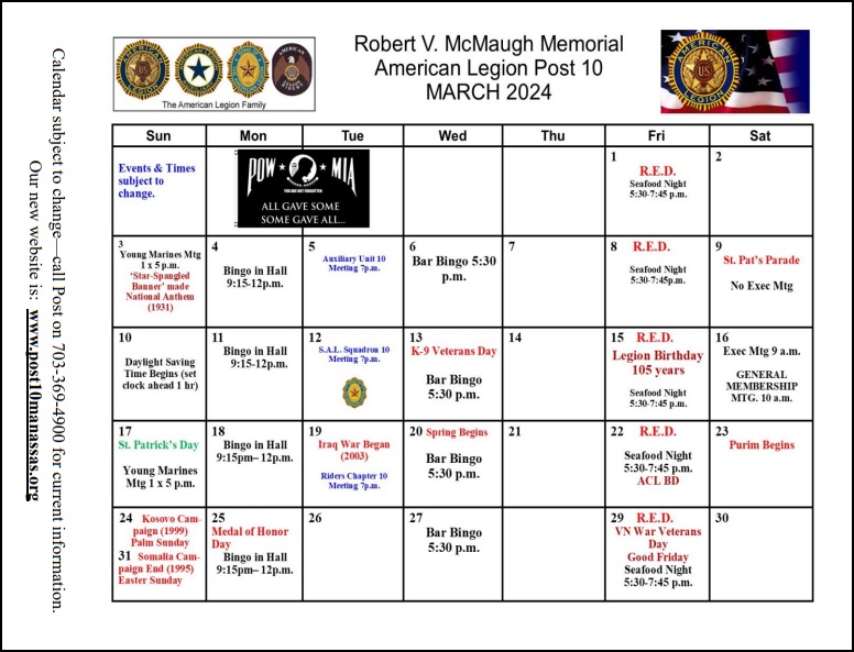 Calendar - Robert V McMaugh Memorial Post 10 Manassas